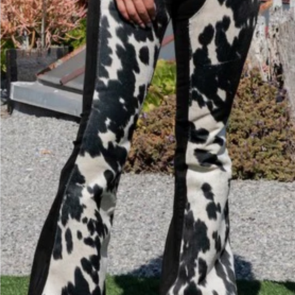 Black and White Cow Print Flared Pants